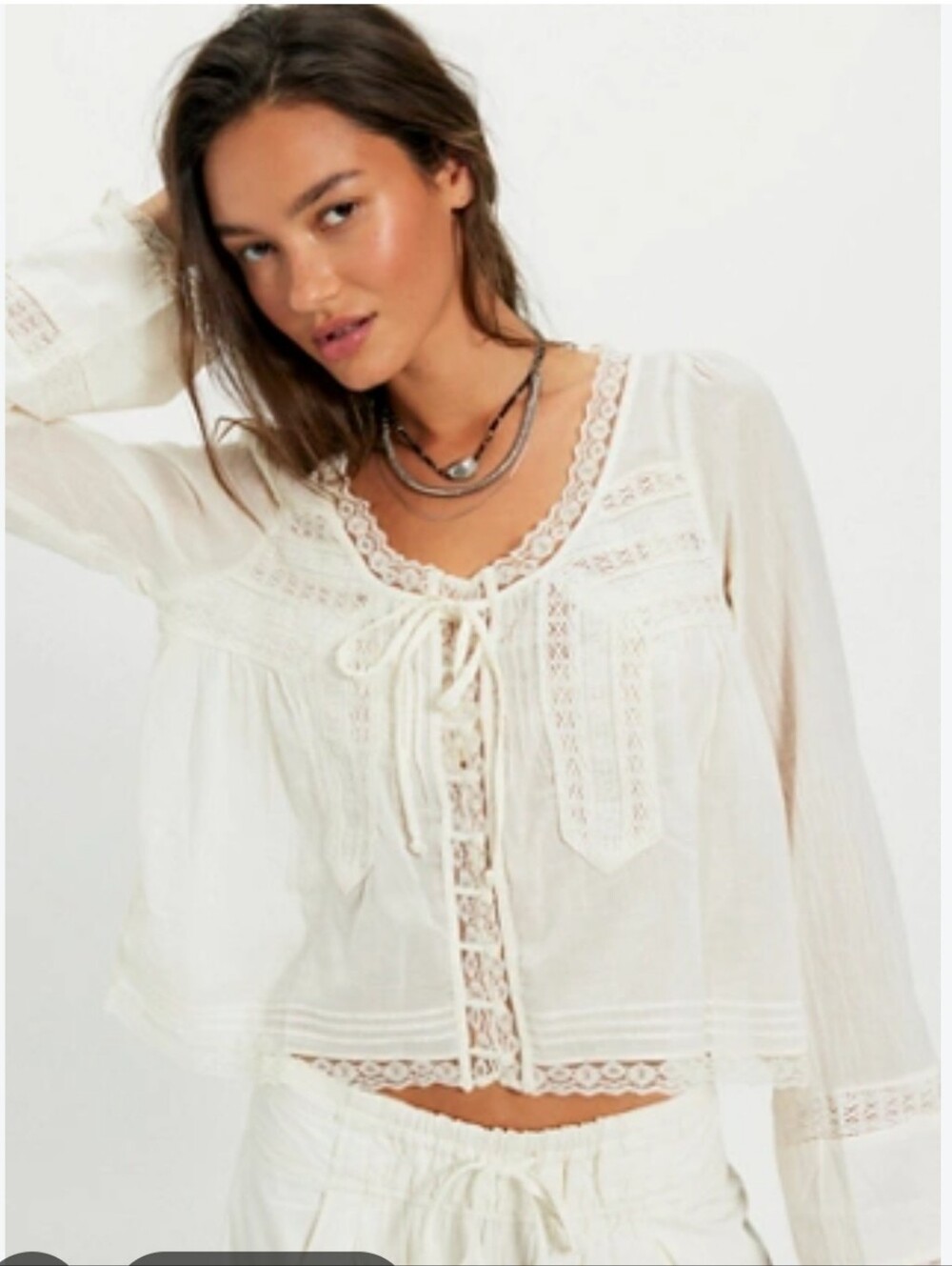 Free People Ivory Lace-Trim Tie-Front Peasant Top